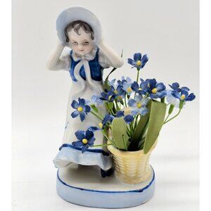 Vintage Porcelain Girl With Bonnet And Basket Of  Blue Flowers 5.5" Figurine